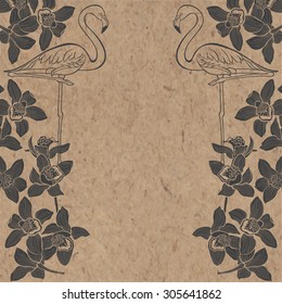 Tropical background with flamingo and orchids on kraft paper. Can be greeting card, invitation, design element.