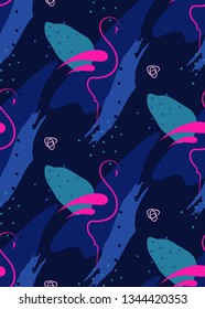 Tropical background with flamingos. Summer vector illustration design. Flamingo background. Exotic background poster. Tropical cute art print for swimwear and clothes