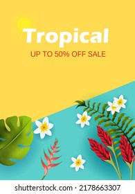 Tropical background with flora and leaf for vacation and holiday template .Vector illustration