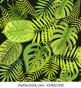 Tropical  background. Floral seamless pattern with palm leaves and monstera.