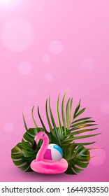 Tropical background. Flower and palm wallpaper. Flamingo banner. Vector jungle illustration. Colorful tropical background banner.