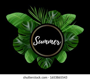Tropical background. Flower and palm wallpaper. Vector jungle illustration. Green tropical flower banner.