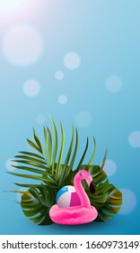  Tropischer Hintergrund. Tapete aus Blumen und Palmen. Flamingo-Banner. Vektorillustration-Dschungelgrafik. Farbiger tropischer Hintergrund-Banner.