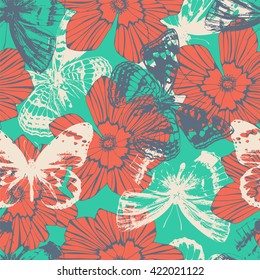 Tropical background with flowers and butterfly. Seamless pattern.