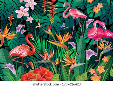 Tropical background from tropical flowers and flamingoes