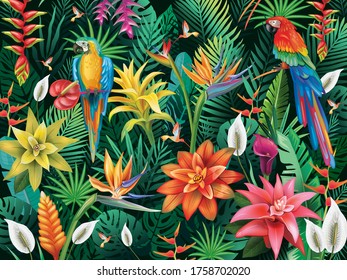 Tropical background from tropical flowers, leaves and birds