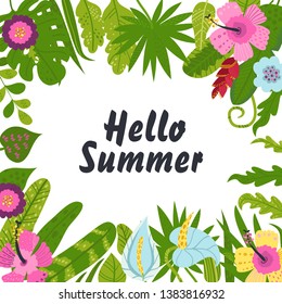 Tropical background from flowers and leaves. Concept of the jungle for the design of invitations, greeting cards
