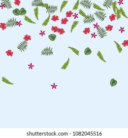 Tropical background with flowers and leaves of monstera, palms and banana. Flowers of hibiscus and plumeria. Cute floral background.