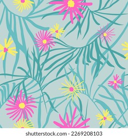 Tropischer Hintergrund mit Blumen und Palmen. nahtloses Muster.