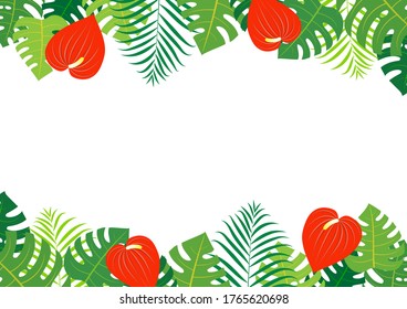 Tropical background frame illustration (Monstera, Areca palm, anthurium)