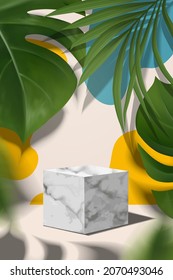 Tropical background. geometric, white marble podium in color background and leaves. product presentation, mockup, scene to show cosmetic product,stage, pedestal or platform.Monstera