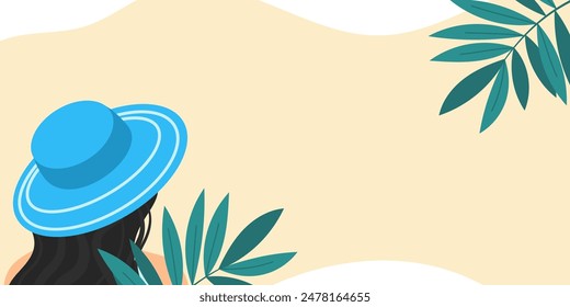 Tropical Background with Girl half sideways in blue Hat and Palm leaves. Mockup for Summer Party, flyer, greeting card, invitation, holiday, birthday. Design with Free Space For Text.