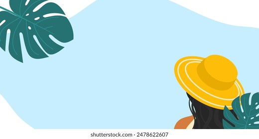 Tropical Background with Girl half sideways in yellow Hat and green leaves. Mockup for Summer Party, flyer, greeting card, invitation, holiday, birthday. Design with Free Space For Text.