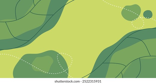 Tropical background green abstract shapes, waves and leaves pattern with empty space for text. Template for banner, poster, social media