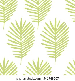 Tropical background with green hand drawn palm leaves on white. Tropic seamless pattern. Vector.