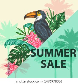 Tropical background with green palm leaves, flowers and toucan.  Design for seasonal summer sale. Hand drawn vector illustration