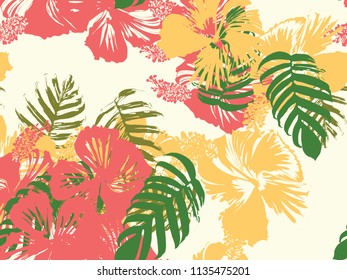 Tropical background. Green, pink, red, yellow monstera, hibiscus, palm vector elements. Hawaiian exotic cover template. Summer botanical backdrop. Vintage print with tropic floral jungle texture.