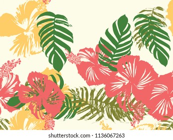Tropical background. Green, pink, red, yellow monstera, hibiscus, palm vector elements. Hawaiian exotic cover template. Summer botanical backdrop. Vintage print with tropic floral jungle texture.