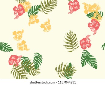 Tropical background. Green, pink, red, yellow monstera, hibiscus, palm vector elements. Hawaiian exotic cover template. Summer botanical backdrop. Vintage print with tropic floral jungle texture.