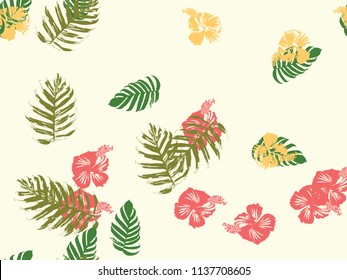Tropical background. Green, pink, red, yellow monstera, hibiscus, palm vector elements. Hawaiian exotic cover template. Summer botanical backdrop. Vintage print with tropic floral jungle texture.