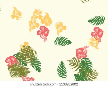 Tropical background. Green, pink, red, yellow monstera, hibiscus, palm vector elements. Hawaiian exotic cover template. Summer botanical backdrop. Vintage print with tropic floral jungle texture.