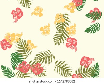 Tropical background. Green, pink, red, yellow monstera, hibiscus, palm vector elements. Hawaiian exotic cover template. Summer botanical backdrop. Vintage print with tropic floral jungle texture.