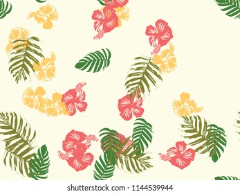 Tropical background. Green, pink, red, yellow monstera, hibiscus, palm vector elements. Hawaiian exotic cover template. Summer botanical backdrop. Vintage print with tropic floral jungle texture.
