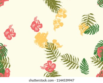 Tropical background. Green, pink, red, yellow monstera, hibiscus, palm vector elements. Hawaiian exotic cover template. Summer botanical backdrop. Vintage print with tropic floral jungle texture.
