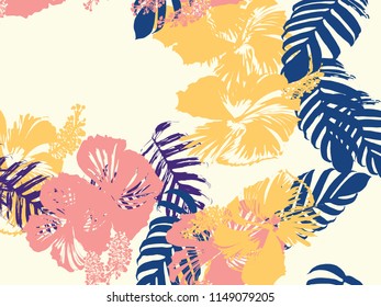 Tropical background. Green, pink, red, yellow monstera, hibiscus, palm vector elements. Hawaiian exotic cover template. Summer botanical backdrop. Vintage print with tropic floral jungle texture.