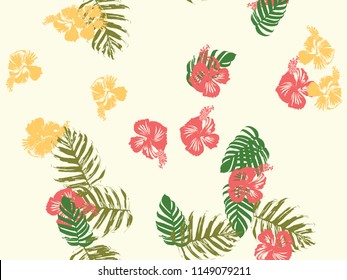 Tropical background. Green, pink, red, yellow monstera, hibiscus, palm vector elements. Hawaiian exotic cover template. Summer botanical backdrop. Vintage print with tropic floral jungle texture.