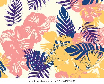 Tropical background. Green, pink, red, yellow monstera, hibiscus, palm vector elements. Hawaiian exotic cover template. Summer botanical backdrop. Vintage print with tropic floral jungle texture.