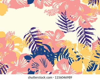 Tropical background. Green, pink, red, yellow monstera, hibiscus, palm vector elements. Hawaiian exotic cover template. Summer botanical backdrop. Vintage print with tropic floral jungle texture.
