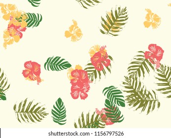 Tropical background. Green, pink, red, yellow monstera, hibiscus, palm vector elements. Hawaiian exotic cover template. Summer botanical backdrop. Vintage print with tropic floral jungle texture.