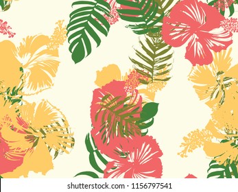 Tropical background. Green, pink, red, yellow monstera, hibiscus, palm vector elements. Hawaiian exotic cover template. Summer botanical backdrop. Vintage print with tropic floral jungle texture.