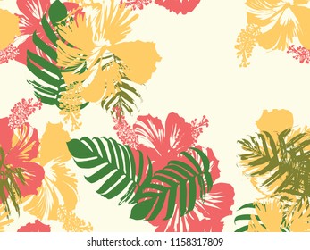 Tropical background. Green, pink, red, yellow monstera, hibiscus, palm vector elements. Hawaiian exotic cover template. Summer botanical backdrop. Vintage print with tropic floral jungle texture.