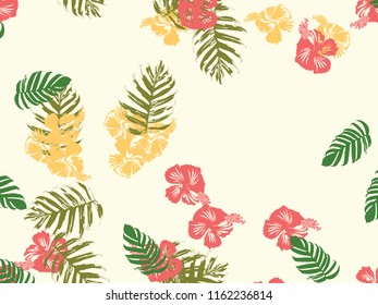 Tropical background. Green, pink, red, yellow monstera, hibiscus, palm vector elements. Hawaiian exotic cover template. Summer botanical backdrop. Vintage print with tropic floral jungle texture.