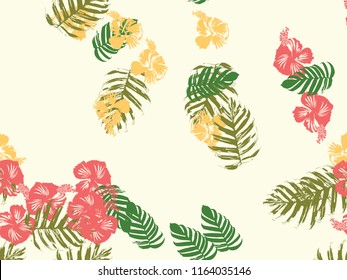 Tropical background. Green, pink, red, yellow monstera, hibiscus, palm vector elements. Hawaiian exotic cover template. Summer botanical backdrop. Vintage print with tropic floral jungle texture.