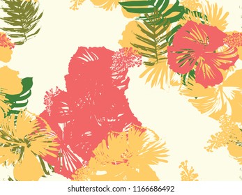 Tropical background. Green, pink, red, yellow monstera, hibiscus, palm vector elements. Hawaiian exotic cover template. Summer botanical backdrop. Vintage print with tropic floral jungle texture.