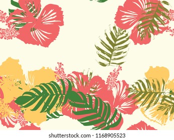 Tropical background. Green, pink, red, yellow monstera, hibiscus, palm vector elements. Hawaiian exotic cover template. Summer botanical backdrop. Vintage print with tropic floral jungle texture.