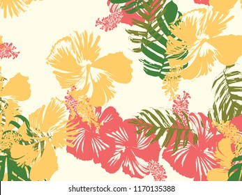 Tropical background. Green, pink, red, yellow monstera, hibiscus, palm vector elements. Hawaiian exotic cover template. Summer botanical backdrop. Vintage print with tropic floral jungle texture.