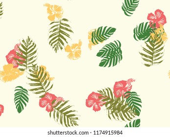 Tropical background. Green, pink, red, yellow monstera, hibiscus, palm vector elements. Hawaiian exotic cover template. Summer botanical backdrop. Vintage print with tropic floral jungle texture.