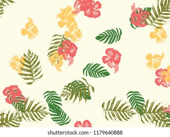 Tropical background. Green, pink, red, yellow monstera, hibiscus, palm vector elements. Hawaiian exotic cover template. Summer botanical backdrop. Vintage print with tropic floral jungle texture.