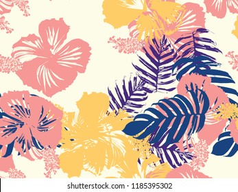 Tropical background. Green, pink, red, yellow monstera, hibiscus, palm vector elements. Hawaiian exotic cover template. Summer botanical backdrop. Vintage print with tropic floral jungle texture.