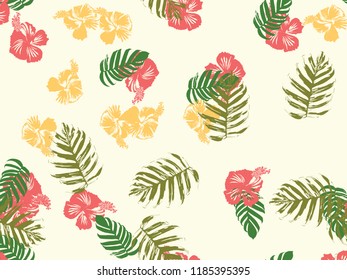 Tropical background. Green, pink, red, yellow monstera, hibiscus, palm vector elements. Hawaiian exotic cover template. Summer botanical backdrop. Vintage print with tropic floral jungle texture.