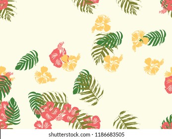 Tropical background. Green, pink, red, yellow monstera, hibiscus, palm vector elements. Hawaiian exotic cover template. Summer botanical backdrop. Vintage print with tropic floral jungle texture.