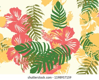Tropical background. Green, pink, red, yellow monstera, hibiscus, palm vector elements. Hawaiian exotic cover template. Summer botanical backdrop. Vintage print with tropic floral jungle texture.