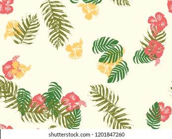 Tropical background. Green, pink, red, yellow monstera, hibiscus, palm vector elements. Hawaiian exotic cover template. Summer botanical backdrop. Vintage print with tropic floral jungle texture.