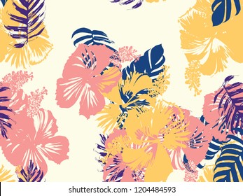 Tropical background. Green, pink, red, yellow monstera, hibiscus, palm vector elements. Hawaiian exotic cover template. Summer botanical backdrop. Vintage print with tropic floral jungle texture.