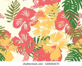Tropical background. Green, pink, red, yellow monstera, hibiscus, palm vector elements. Hawaiian exotic cover template. Summer botanical backdrop. Vintage print with tropic floral jungle texture.