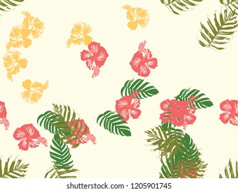 Tropical background. Green, pink, red, yellow monstera, hibiscus, palm vector elements. Hawaiian exotic cover template. Summer botanical backdrop. Vintage print with tropic floral jungle texture.